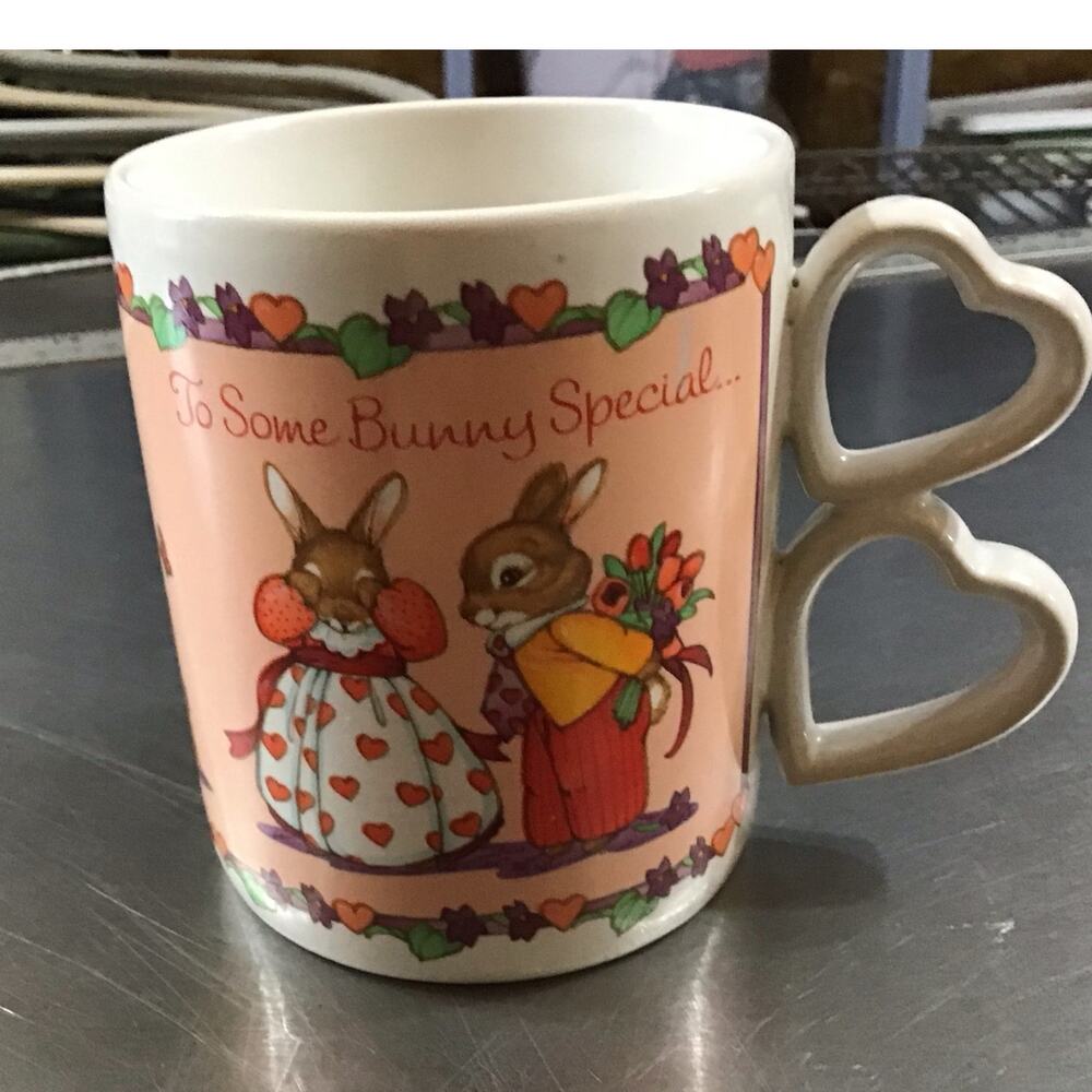 Vintage Bunny Mug With Heart Handles Kitch Kitschy To Some Bunny Special